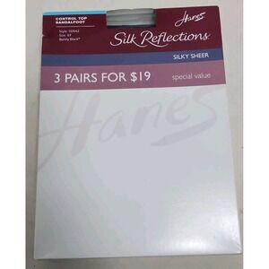3 Hanes Silk Reflections Sheer Pantyhose Control Top 0D042 Size EF Barely Black